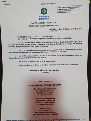 Governador sanciona o Hino da Polícia Civil de Rondônia. Governador sanciona o Hino da Polícia Civil de Rondônia.