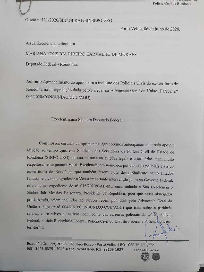Sinsepol intercede por paridade e integralidade para os policiais dos ex-Territórios Sinsepol intercede por paridade e integralidade para os policiais dos ex-Territórios