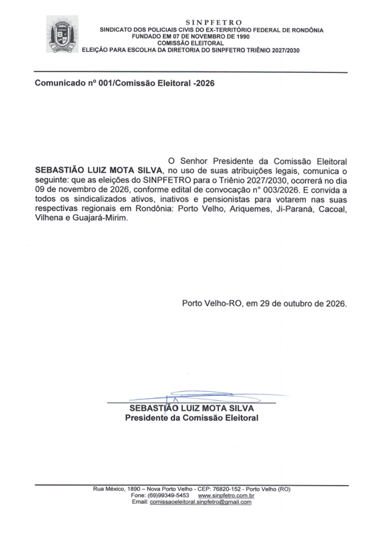 Comunicado n° 001 - Comissão Eleitoral -2026